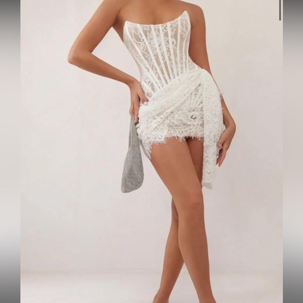Elegant White Lace Corset Draped Mini Dress